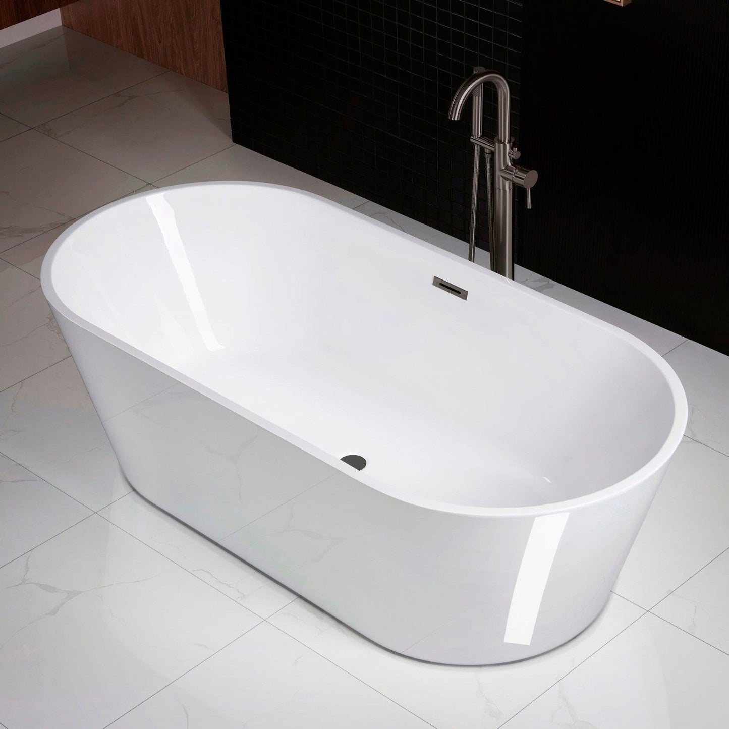 WoodBridge 71" White Acrylic Freestanding Contemporary Soaking Bathtub With Matte Black Drain, Overflow, F0025MBRD Tub Filler and Caddy Tray