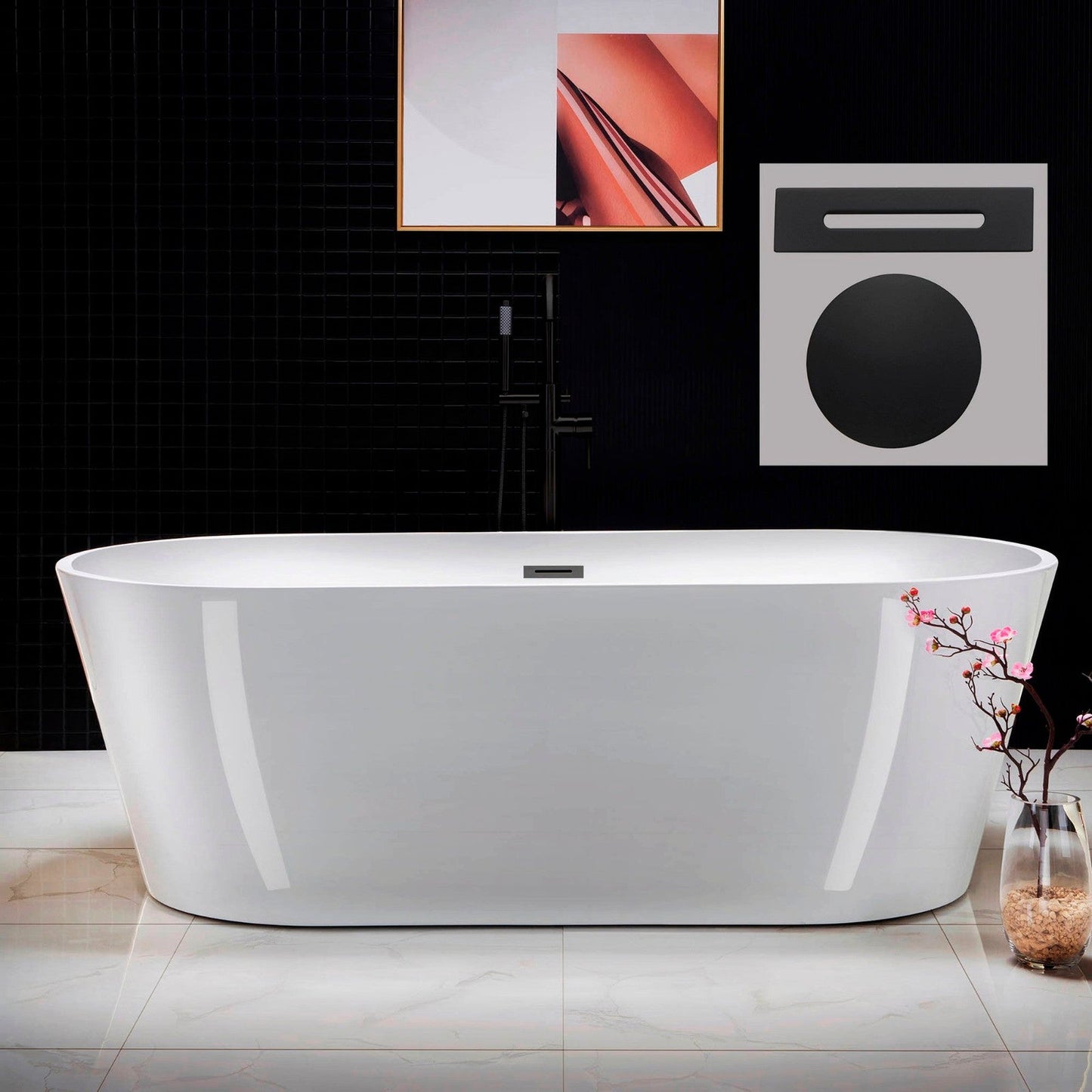 WoodBridge 71" White Acrylic Freestanding Contemporary Soaking Bathtub With Matte Black Drain, Overflow, F0025MBRD Tub Filler and Caddy Tray