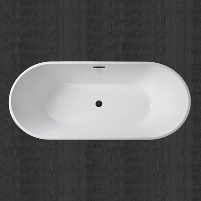 WoodBridge 71" White Acrylic Freestanding Contemporary Soaking Bathtub With Matte Black Drain, Overflow, F0025MBVT Tub Filler and Caddy Tray