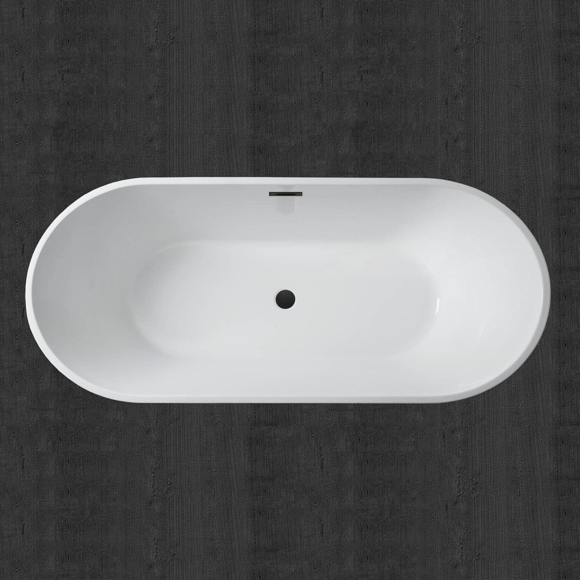 WoodBridge 71" White Acrylic Freestanding Contemporary Soaking Bathtub With Matte Black Drain, Overflow, F0037MB Tub Filler and Caddy Tray