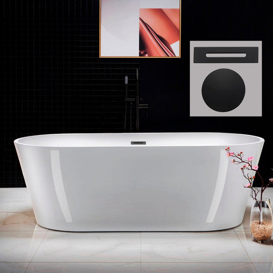 WoodBridge 71" White Acrylic Freestanding Contemporary Soaking Bathtub With Matte Black Drain, Overflow, F0072MBRD Tub Filler and Caddy Tray