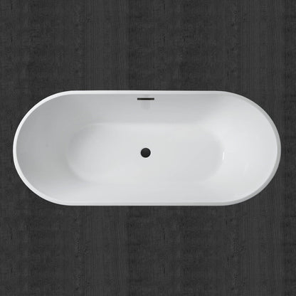 WoodBridge 71" White Acrylic Freestanding Contemporary Soaking Bathtub With Matte Black Drain and Overflow