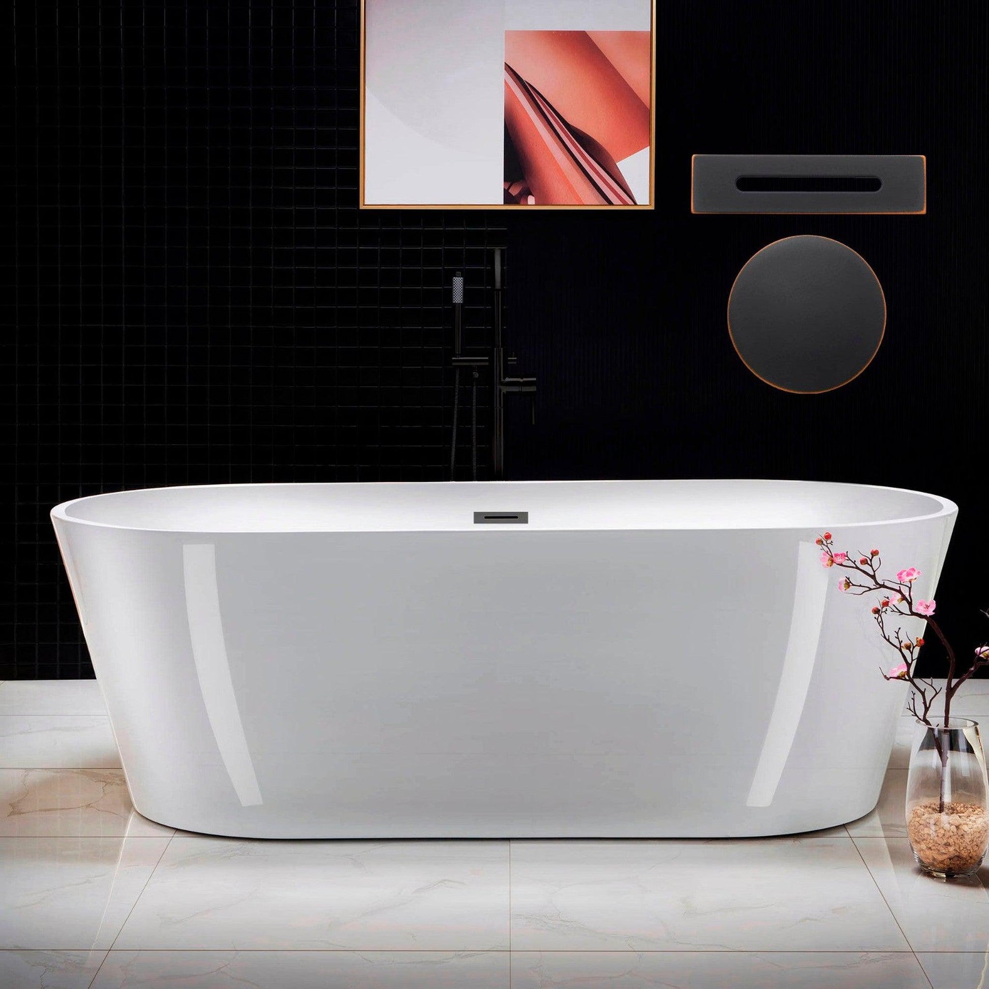 WoodBridge 71" White Acrylic Freestanding Contemporary Soaking Bathtub With Oil Rubbed Bronze Drain and Overflow