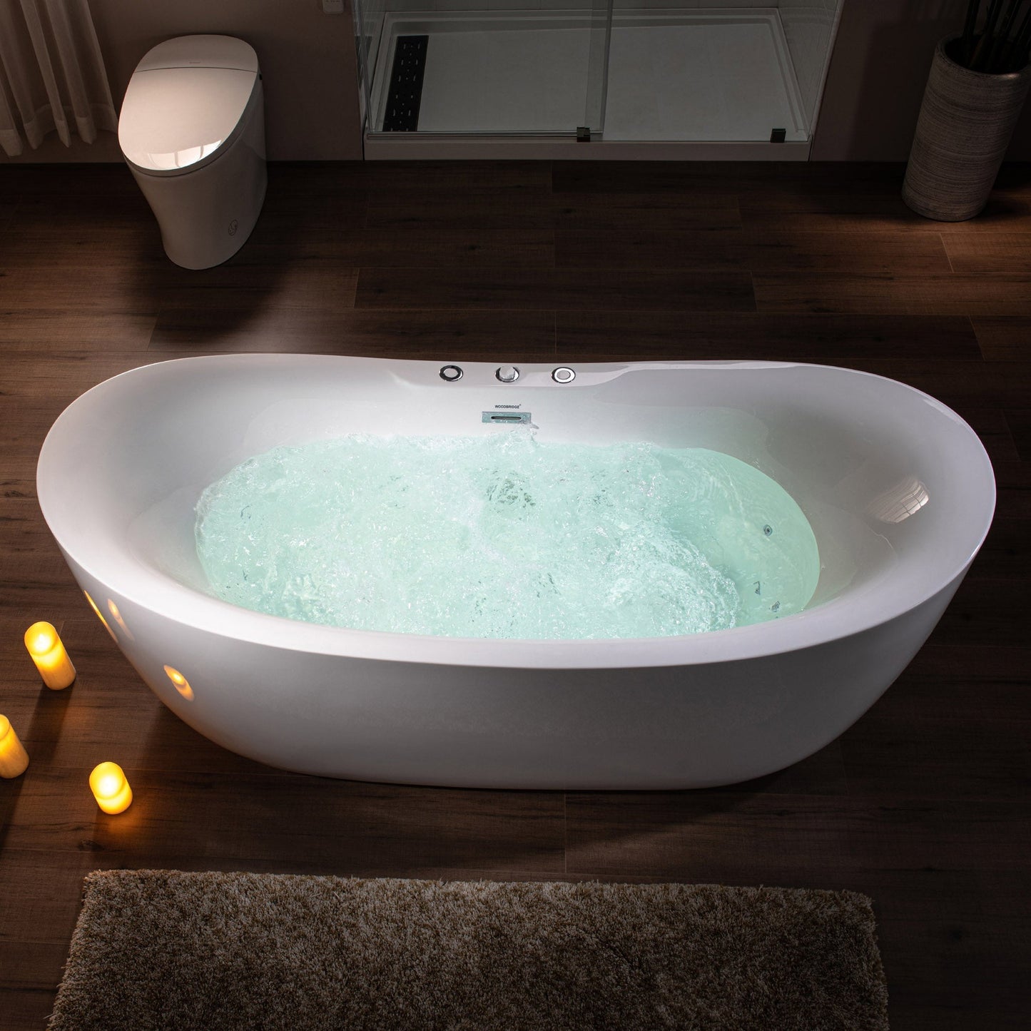 WoodBridge 71" White Acrylic Freestanding Whirlpool Water Jetted and Air Bubble Heated Soaking Bathtub