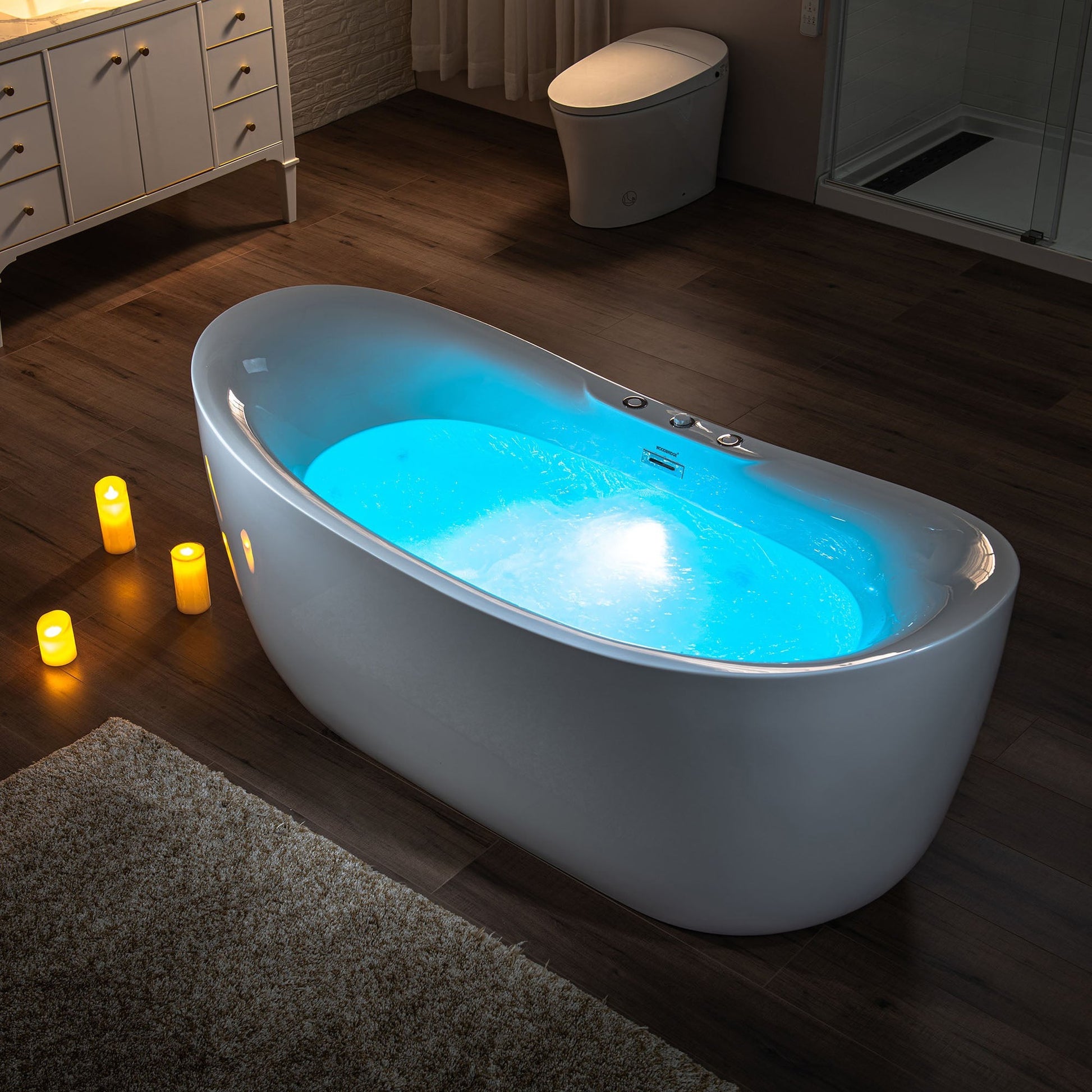 WoodBridge 71" White Acrylic Freestanding Whirlpool Water Jetted and Air Bubble Heated Soaking Bathtub