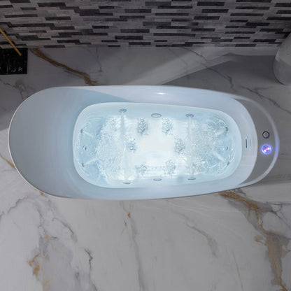 WoodBridge 71" White Freestanding Whirlpool Water Jetted and Air Bubble Heated Soaking Combination Bathtub With LED Control Panel
