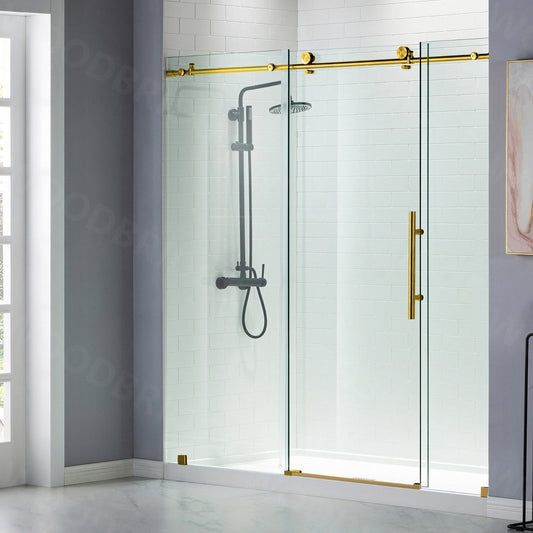 WoodBridge 72" W x 76" H Clear Tempered Glass Frameless Shower Door With Brushed Gold Hardware Finish