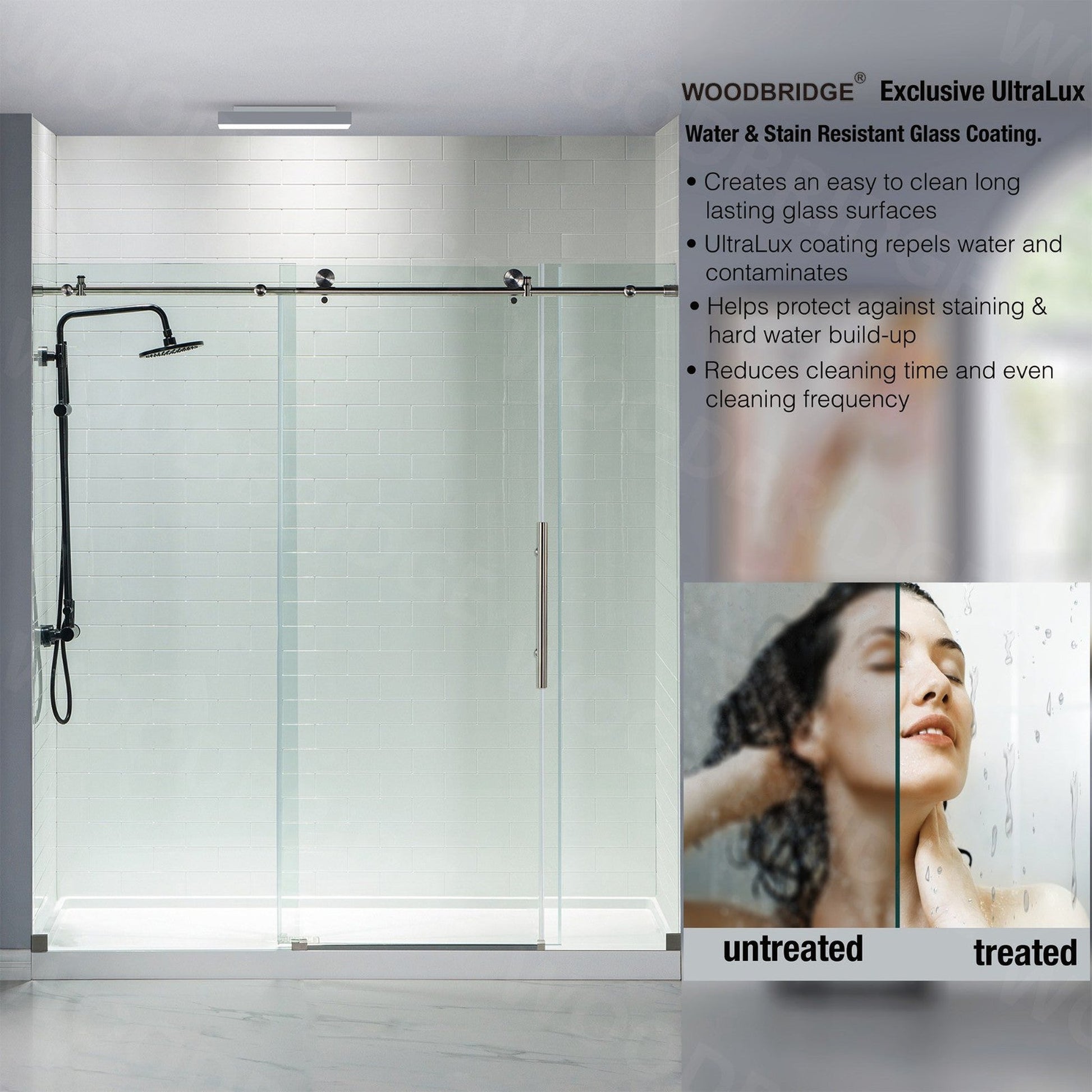 WoodBridge 72" W x 76" H Clear Tempered Glass Frameless Shower Door With Brushed Nickel Hardware Finish