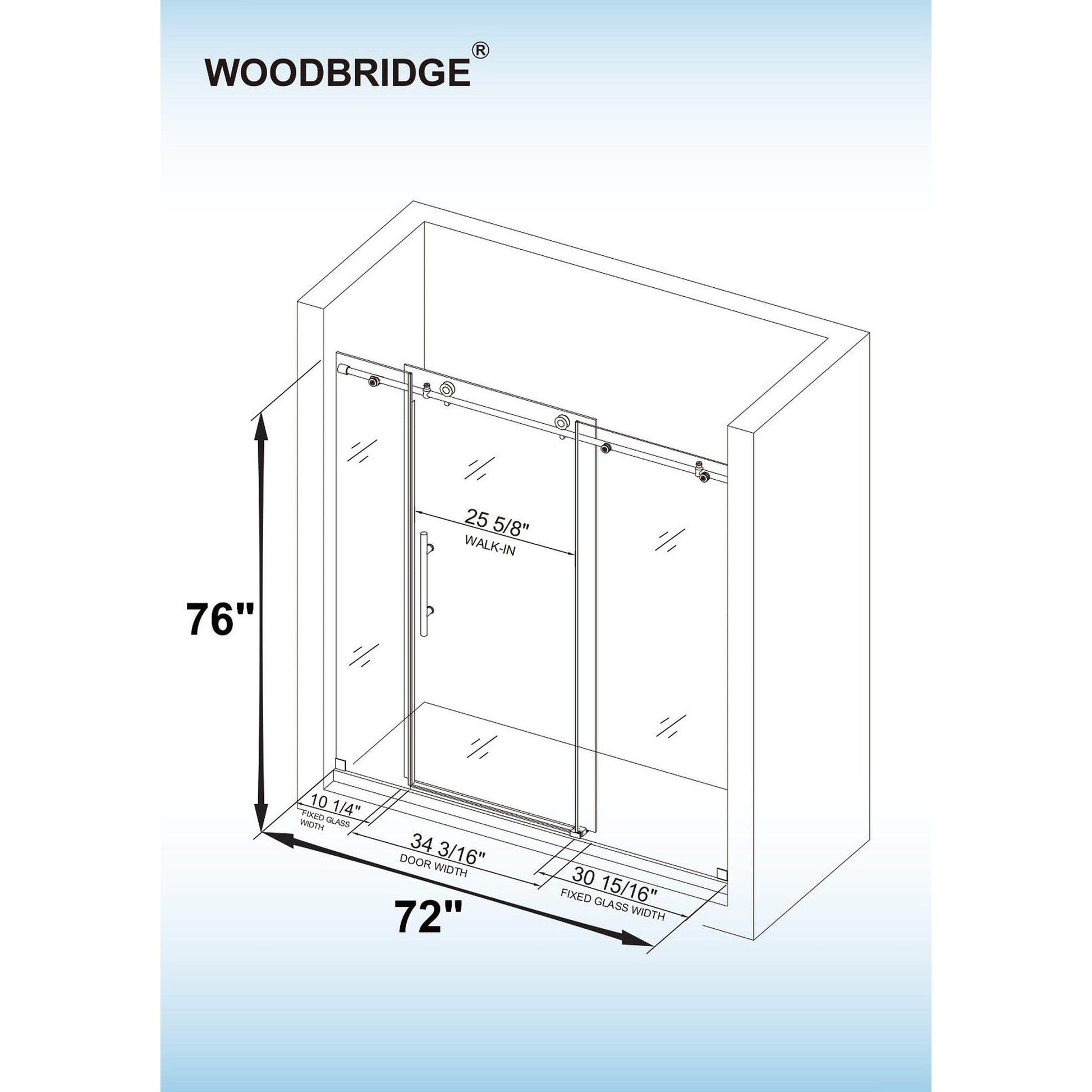 WoodBridge 72" W x 76" H Clear Tempered Glass Frameless Shower Door With Brushed Nickel Hardware Finish