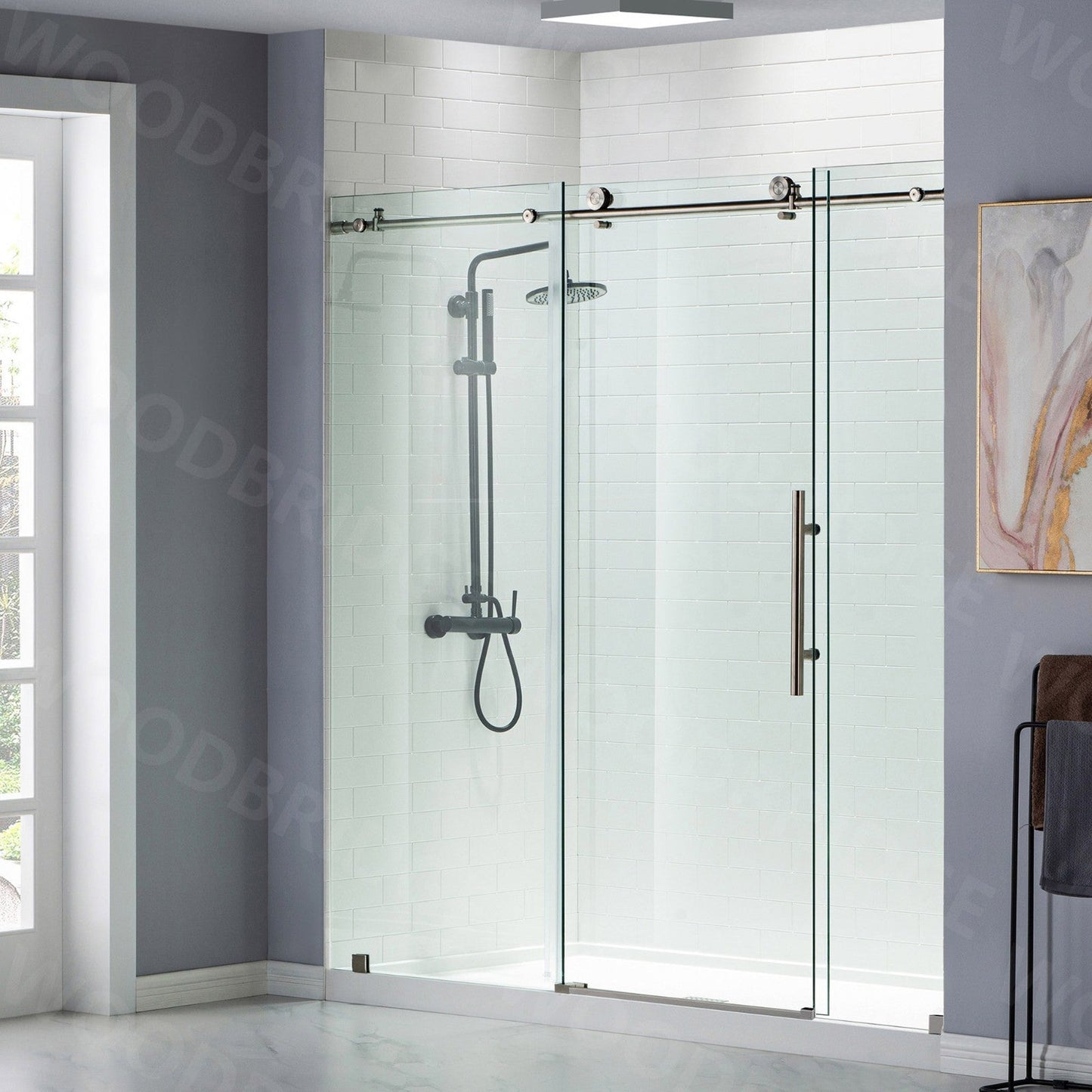 WoodBridge 72" W x 76" H Clear Tempered Glass Frameless Shower Door With Brushed Nickel Hardware Finish