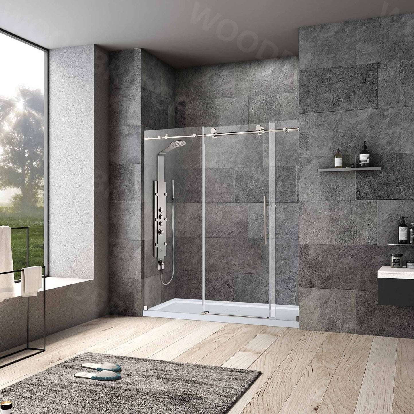 WoodBridge 72" W x 76" H Clear Tempered Glass Frameless Shower Door With Brushed Nickel Hardware Finish