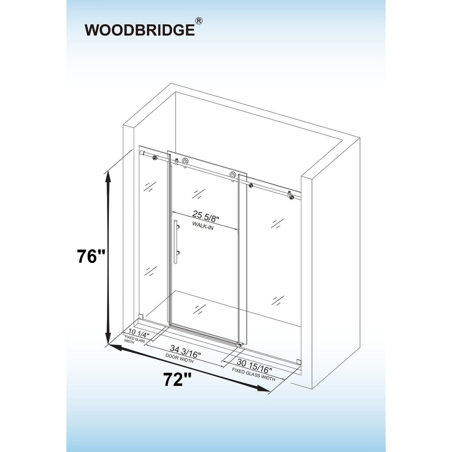 WoodBridge 72" W x 76" H Clear Tempered Glass Frameless Shower Door With Matte Black Hardware Finish