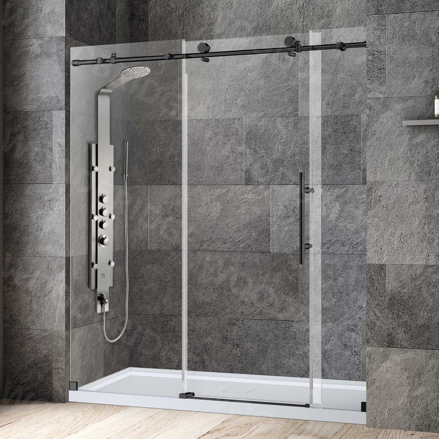 WoodBridge 72" W x 76" H Clear Tempered Glass Frameless Shower Door With Matte Black Hardware Finish