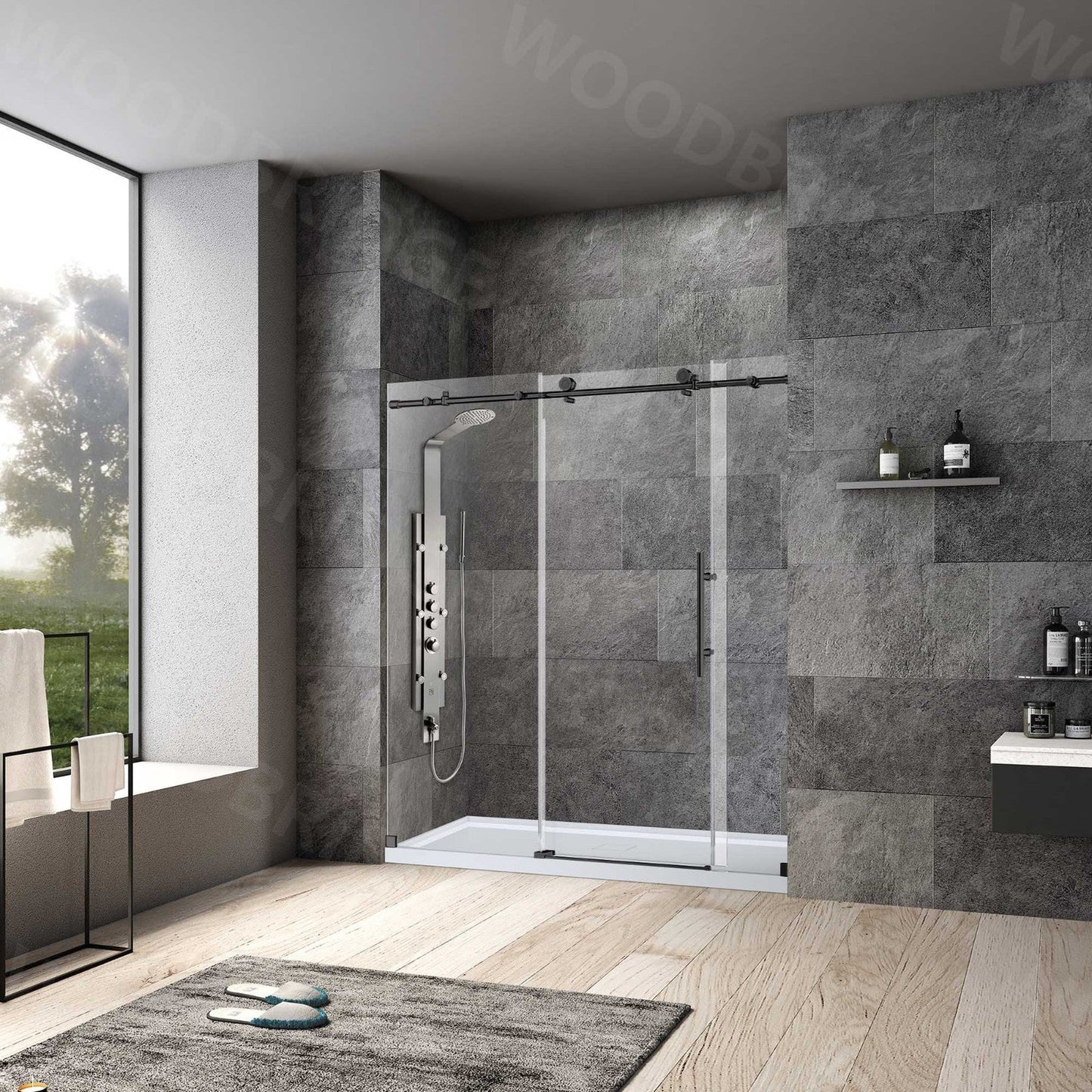 WoodBridge 72" W x 76" H Clear Tempered Glass Frameless Shower Door With Matte Black Hardware Finish