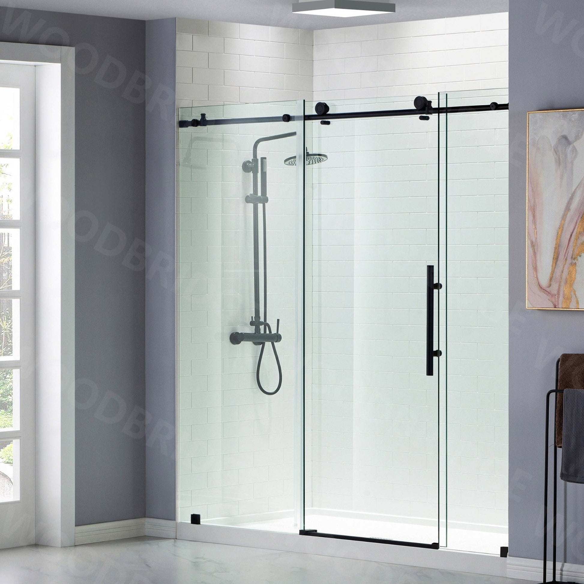 WoodBridge 72" W x 76" H Clear Tempered Glass Frameless Shower Door With Matte Black Hardware Finish