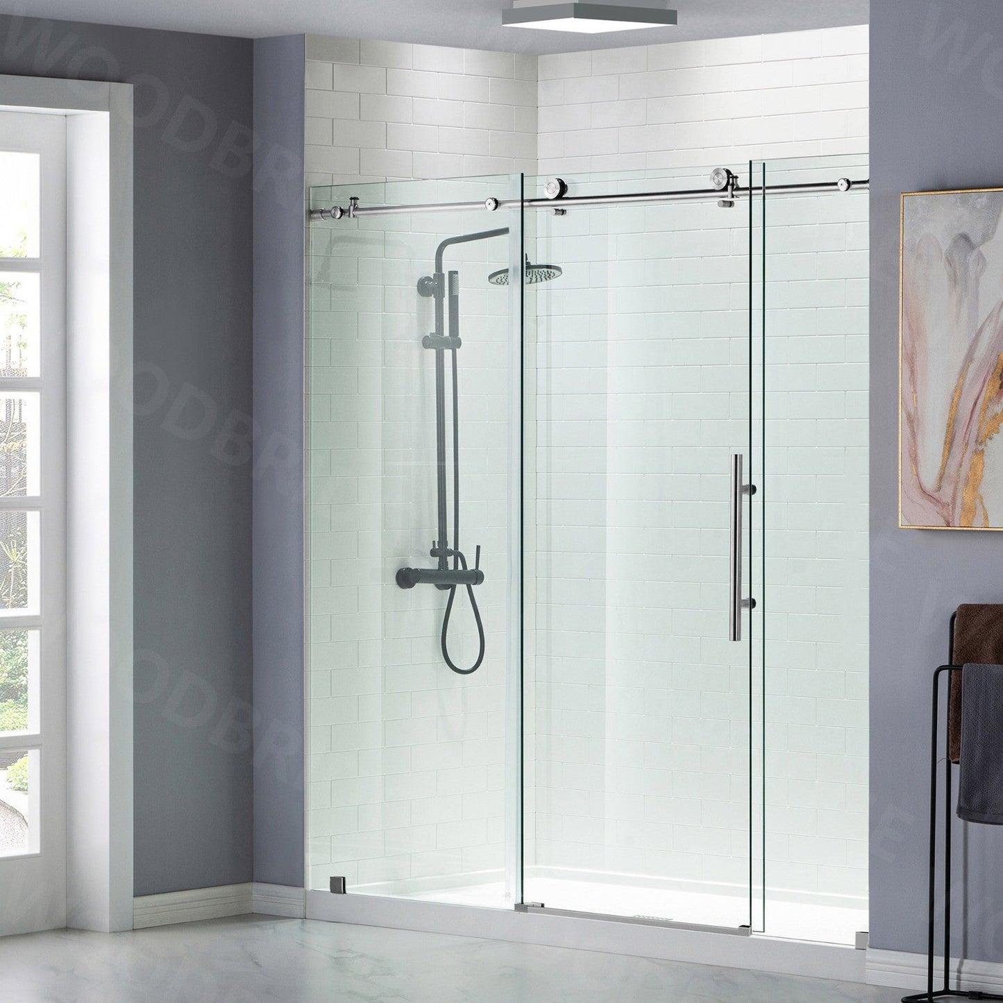 WoodBridge 72" W x 76" H Clear Tempered Glass Frameless Shower Door With Polished Chrome Hardware Finish