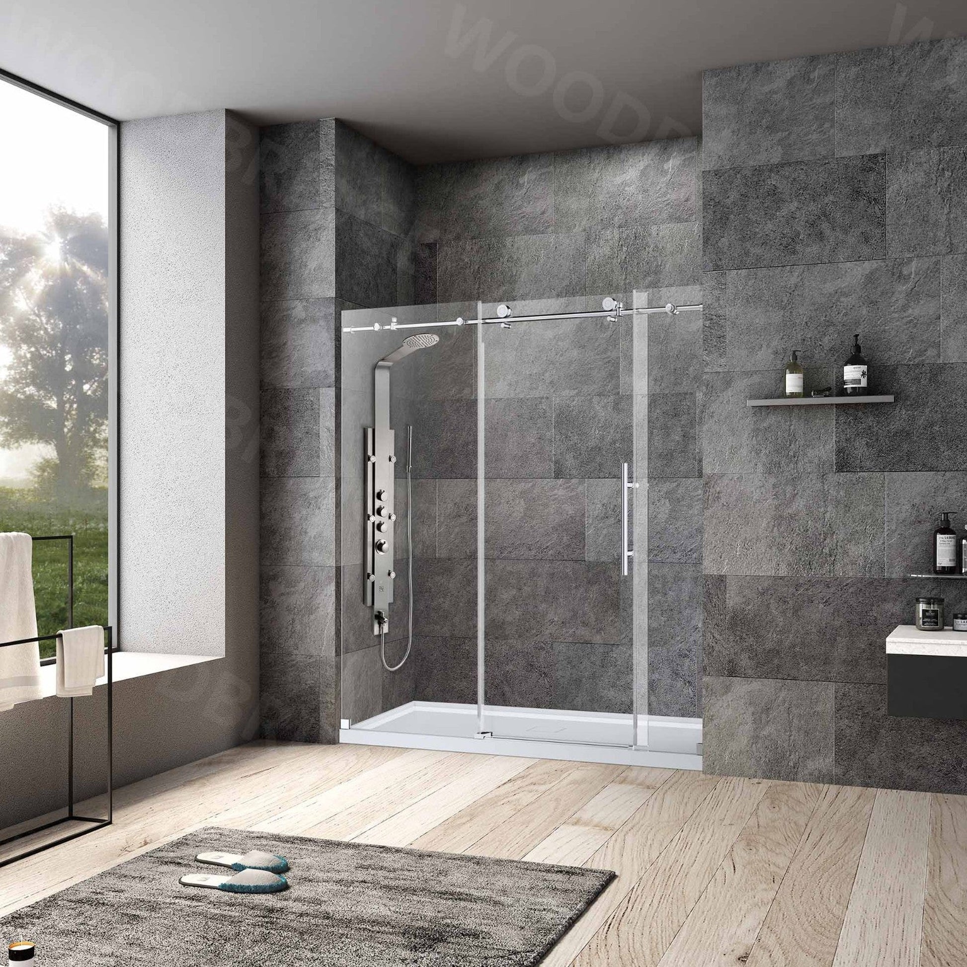 WoodBridge 72" W x 76" H Clear Tempered Glass Frameless Shower Door With Polished Chrome Hardware Finish