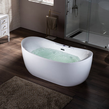 WoodBridge 72" White Acrylic Freestanding Whirlpool Water Jetted and Air Bubble Soaking Bathtub With LED Control Panel, Matte Black Finish Trim and Drain Kit