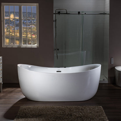 WoodBridge 72" White Acrylic Freestanding Whirlpool Water Jetted and Air Bubble Soaking Bathtub With LED Control Panel, Matte Black Finish Trim and Drain Kit