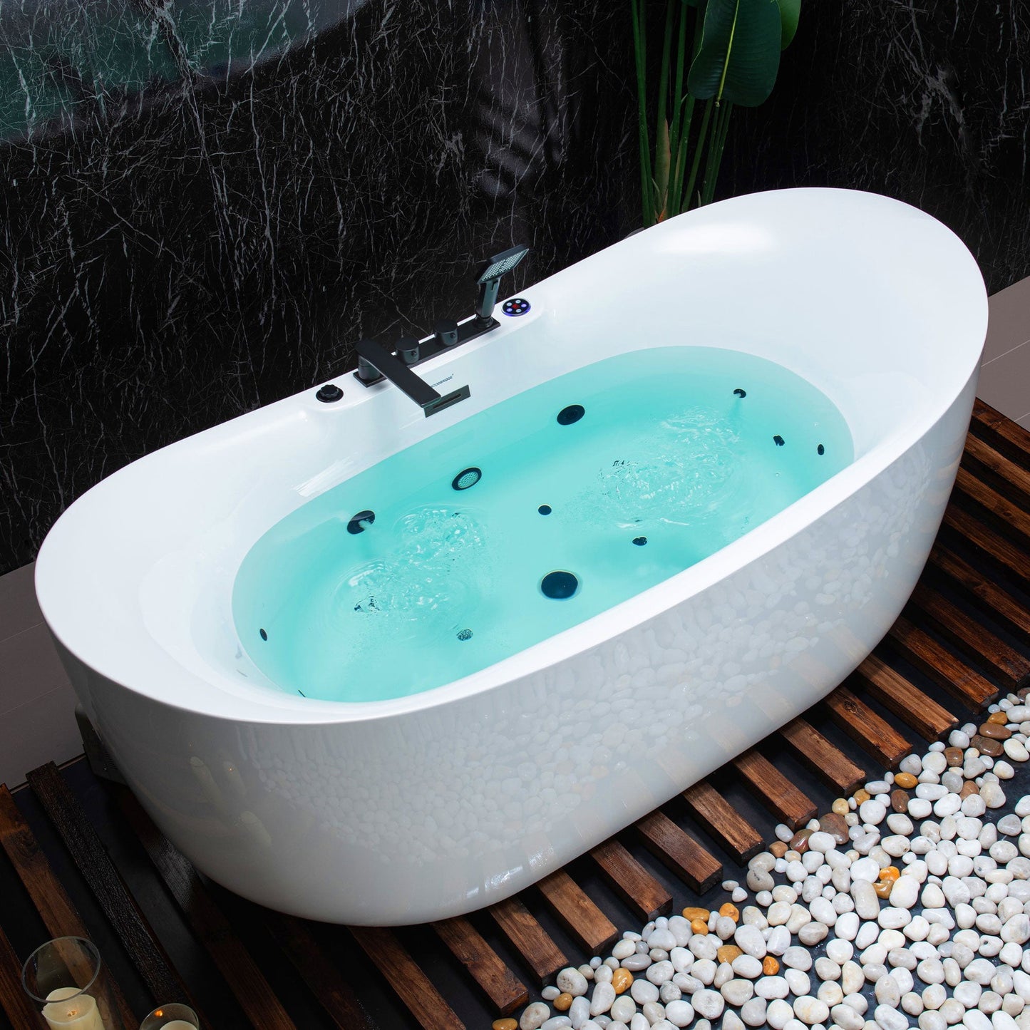 WoodBridge 72" White Acrylic Freestanding Whirlpool Water Jetted and Air Bubble Soaking Bathtub With LED Control Panel, Matte Black Tub Filler, Trim and Drain Kit