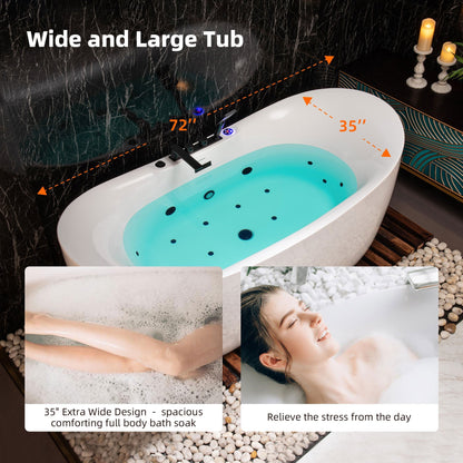 WoodBridge 72" White Acrylic Freestanding Whirlpool Water Jetted and Air Bubble Soaking Bathtub With LED Control Panel, Matte Black Tub Filler, Trim and Drain Kit