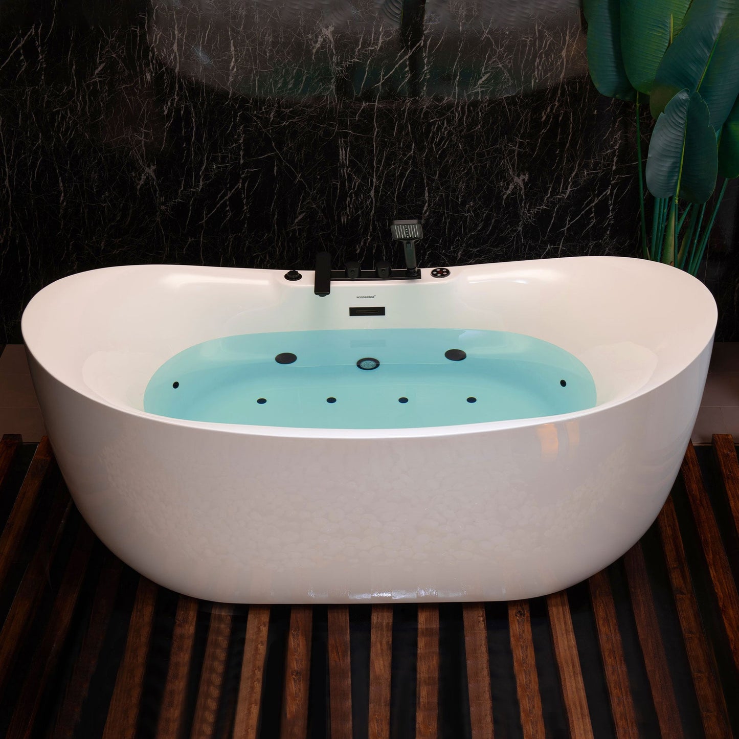 WoodBridge 72" White Acrylic Freestanding Whirlpool Water Jetted and Air Bubble Soaking Bathtub With LED Control Panel, Matte Black Tub Filler, Trim and Drain Kit