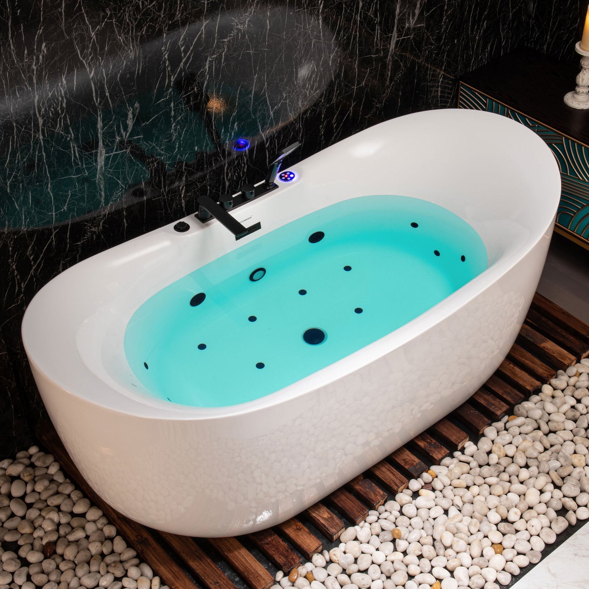 WoodBridge 72" White Acrylic Freestanding Whirlpool Water Jetted and Air Bubble Soaking Bathtub With LED Control Panel, Matte Black Tub Filler, Trim and Drain Kit