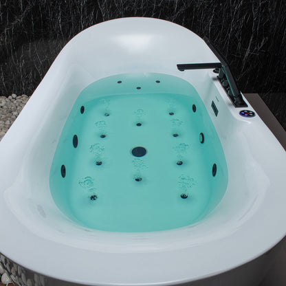 WoodBridge 72" White Acrylic Freestanding Whirlpool Water Jetted and Air Bubble Soaking Bathtub With LED Control Panel, Matte Black Tub Filler, Trim and Drain Kit