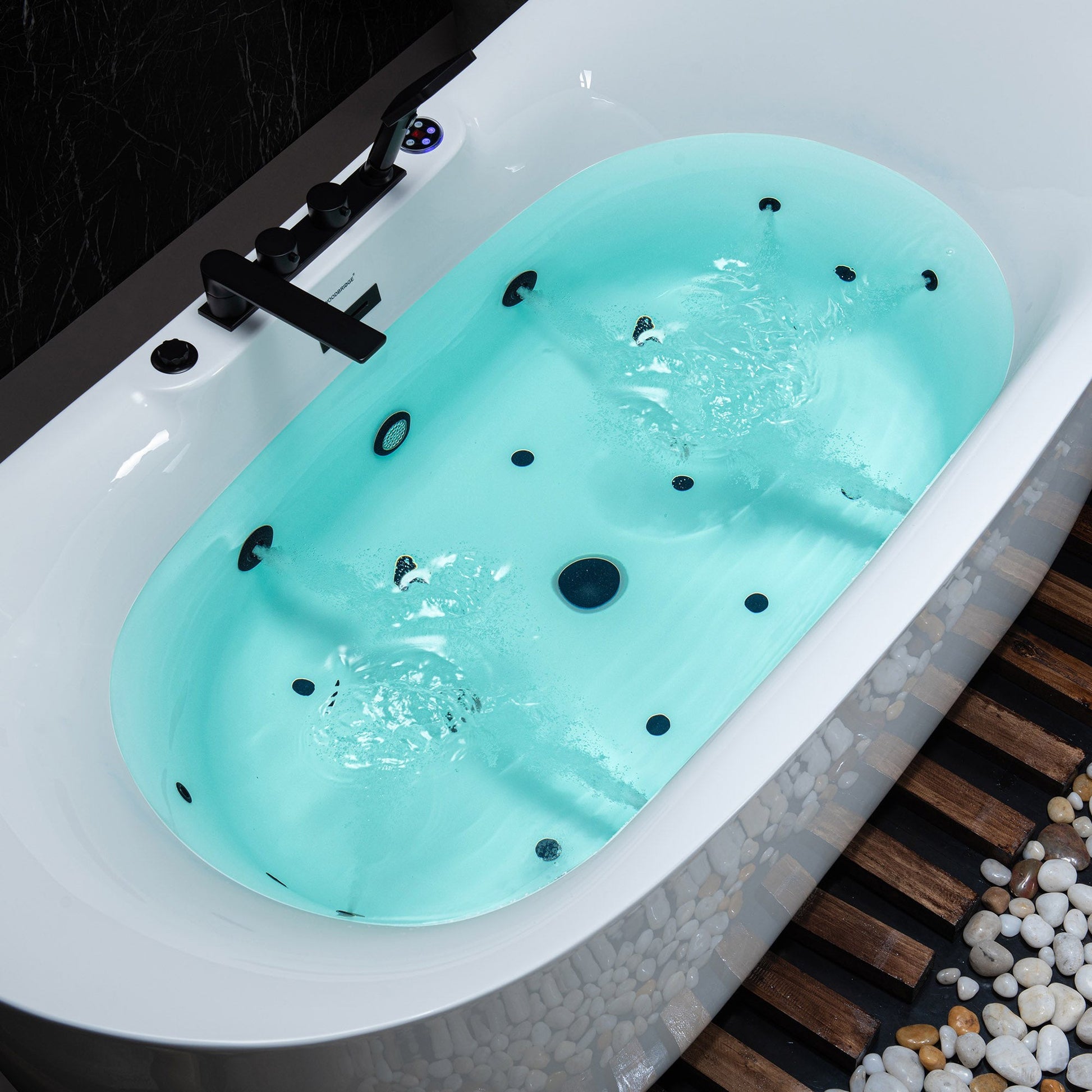 WoodBridge 72" White Acrylic Freestanding Whirlpool Water Jetted and Air Bubble Soaking Bathtub With LED Control Panel, Matte Black Tub Filler, Trim and Drain Kit