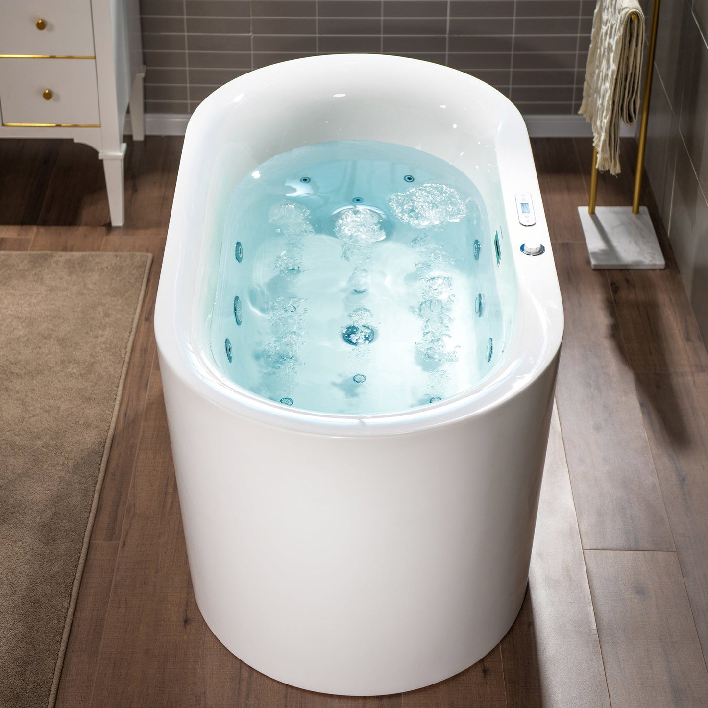 WoodBridge 72" White Whirlpool and Air Bath Heated Soaking Combination Tub With Adjustable Speed Air Blower and Display Control Panel