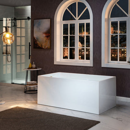 WoodBridge B-0085 59" White Acrylic Freestanding Soaking Bathtub With Brushed Gold Drain, Overflow, F0073BGVT Tub Filler and Caddy Tray