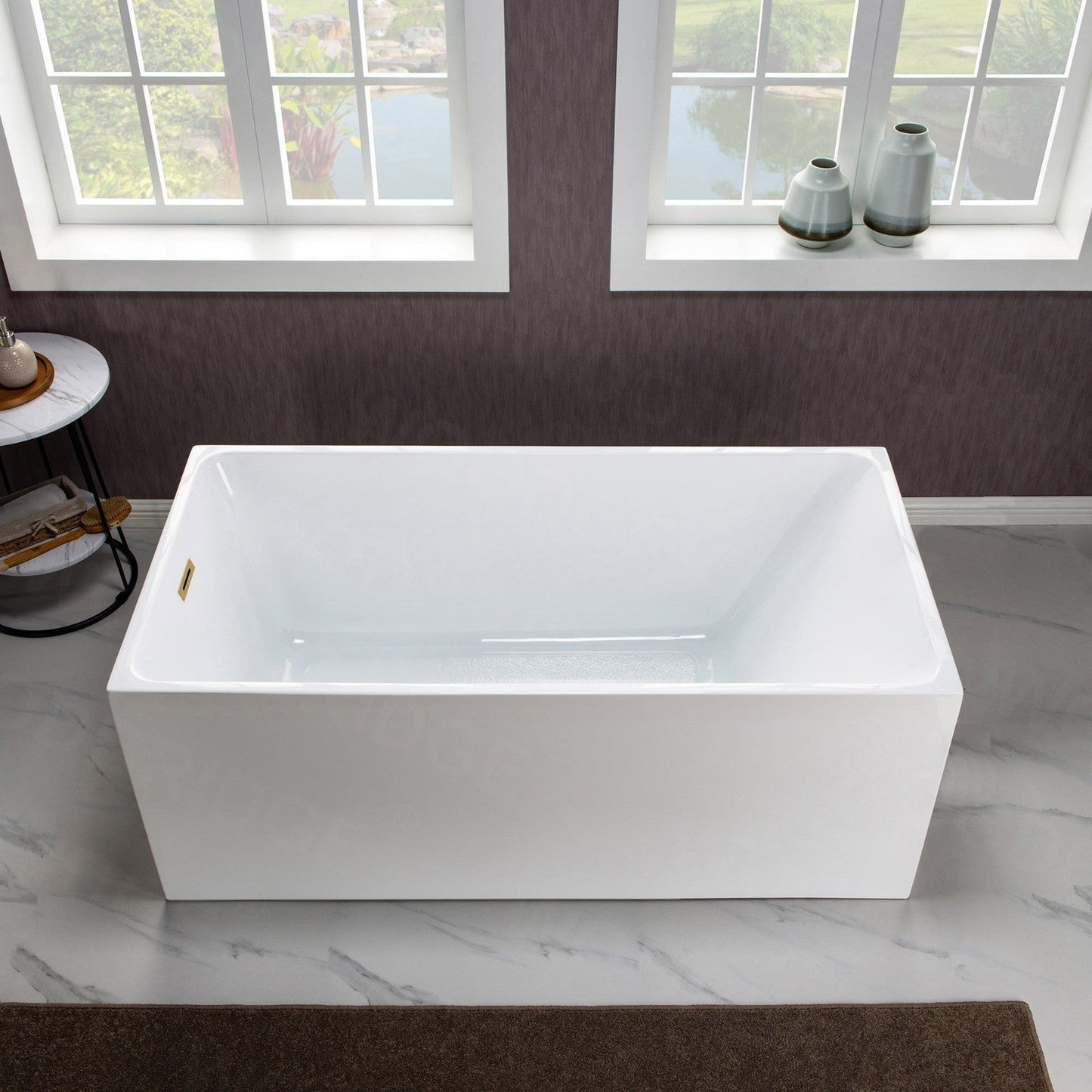 WoodBridge B-0085 59" White Acrylic Freestanding Soaking Bathtub With Brushed Gold Drain, Overflow, F0073BGVT Tub Filler and Caddy Tray