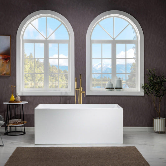 WoodBridge B-0085 59" White Acrylic Freestanding Soaking Bathtub With Brushed Gold Drain, Overflow, F0073BGVT Tub Filler and Caddy Tray