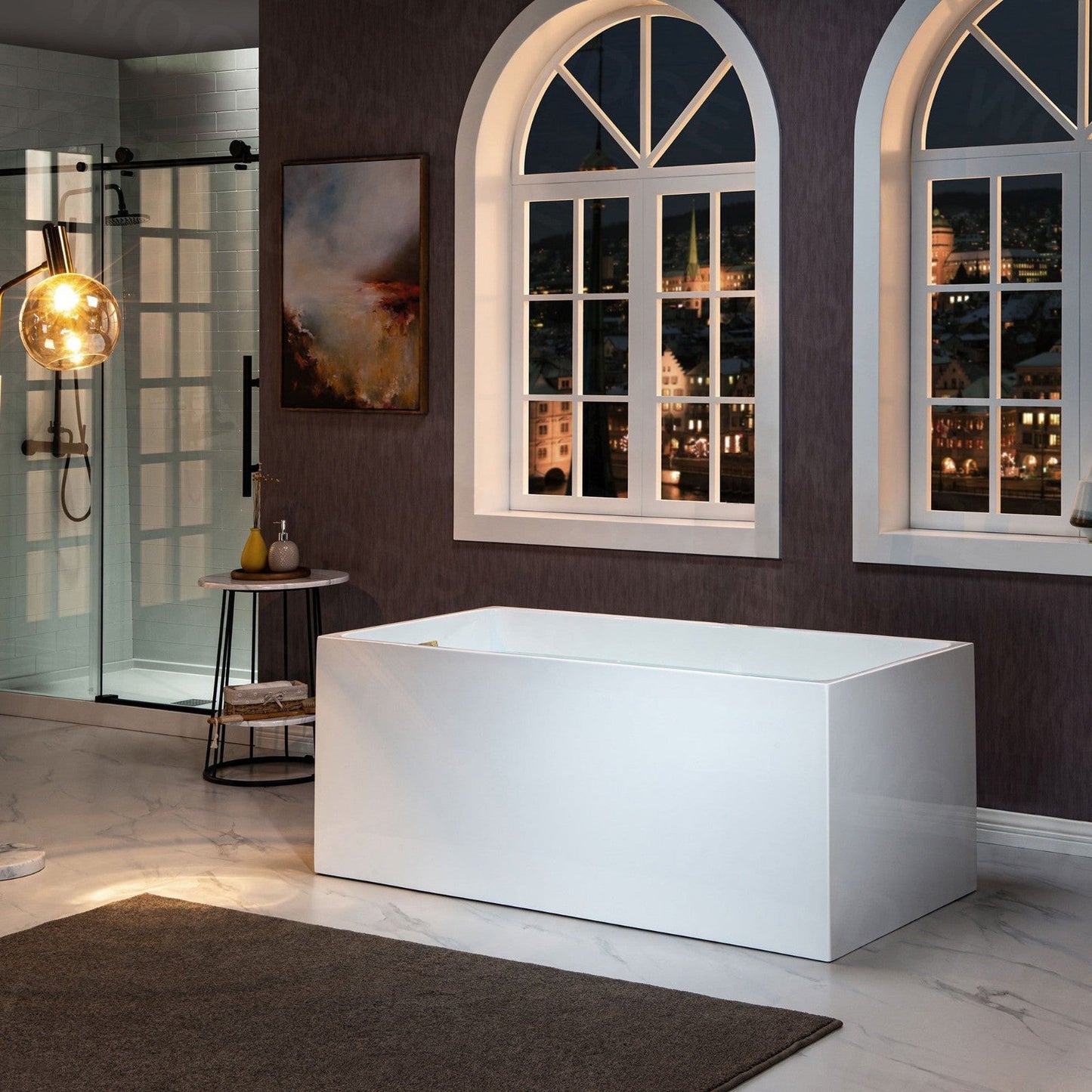 WoodBridge B-0085 59" White Acrylic Freestanding Soaking Bathtub With Brushed Gold Drain, Overflow, F0073BGVT Tub Filler and Caddy Tray