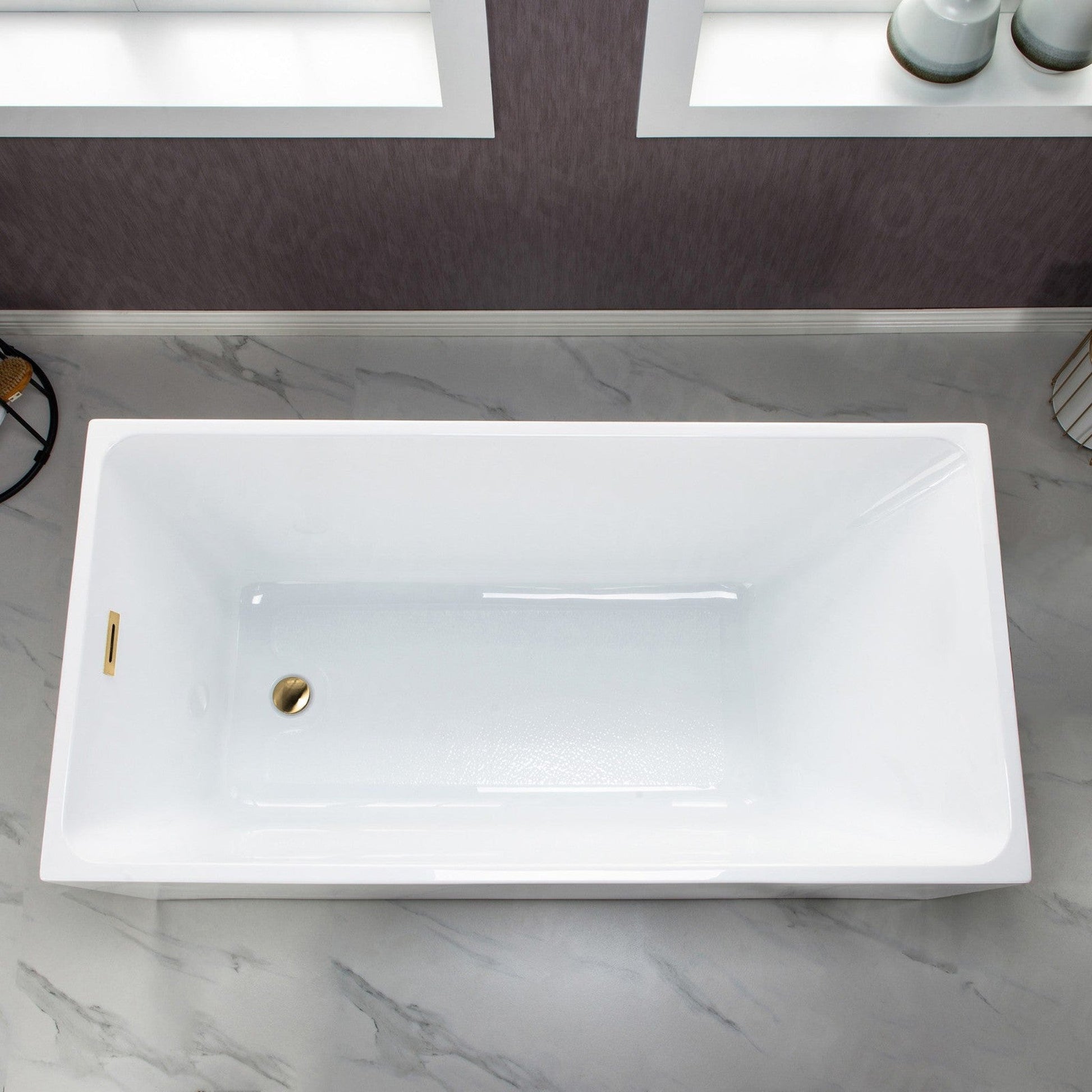 WoodBridge B-0085 59" White Acrylic Freestanding Soaking Bathtub With Brushed Gold Drain, Overflow, F0073BGVT Tub Filler and Caddy Tray