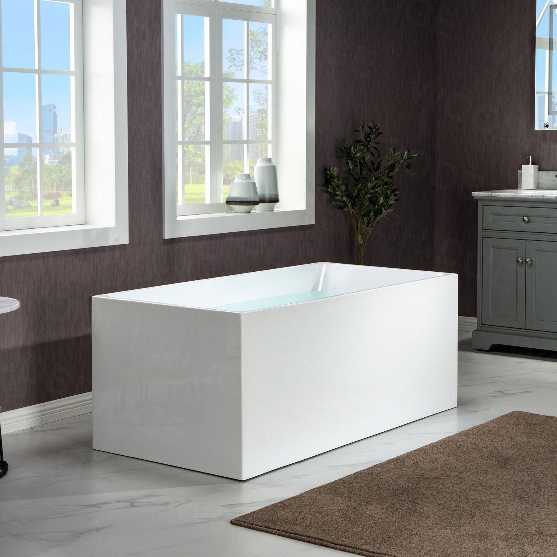 WoodBridge B-0085 59" White Acrylic Freestanding Soaking Bathtub With Brushed Gold Drain, Overflow, F0073BGVT Tub Filler and Caddy Tray