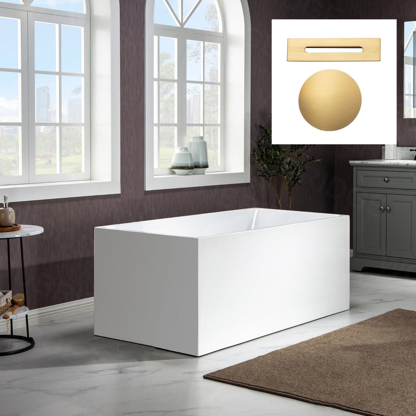 WoodBridge B-0085 59" White Acrylic Freestanding Soaking Bathtub With Brushed Gold Drain, Overflow, F0073BGVT Tub Filler and Caddy Tray