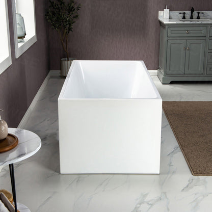 WoodBridge B-0085 59" White Acrylic Freestanding Soaking Bathtub With Brushed Gold Drain, Overflow, F0073BGVT Tub Filler and Caddy Tray
