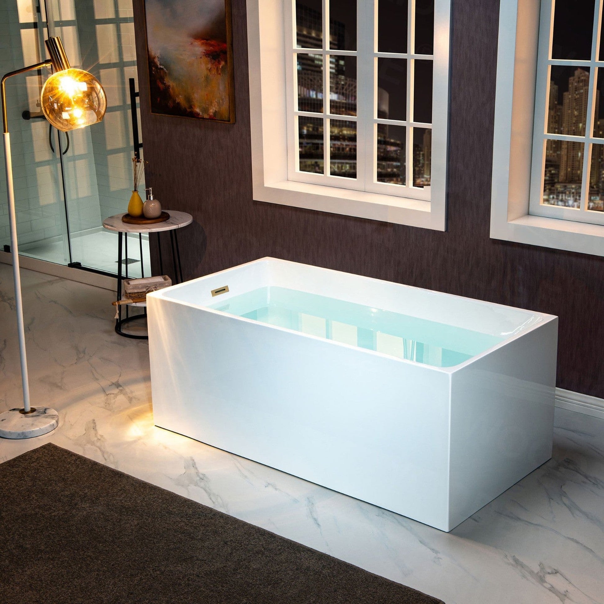 WoodBridge B-0085 59" White Acrylic Freestanding Soaking Bathtub With Brushed Gold Drain, Overflow, F0073BGVT Tub Filler and Caddy Tray