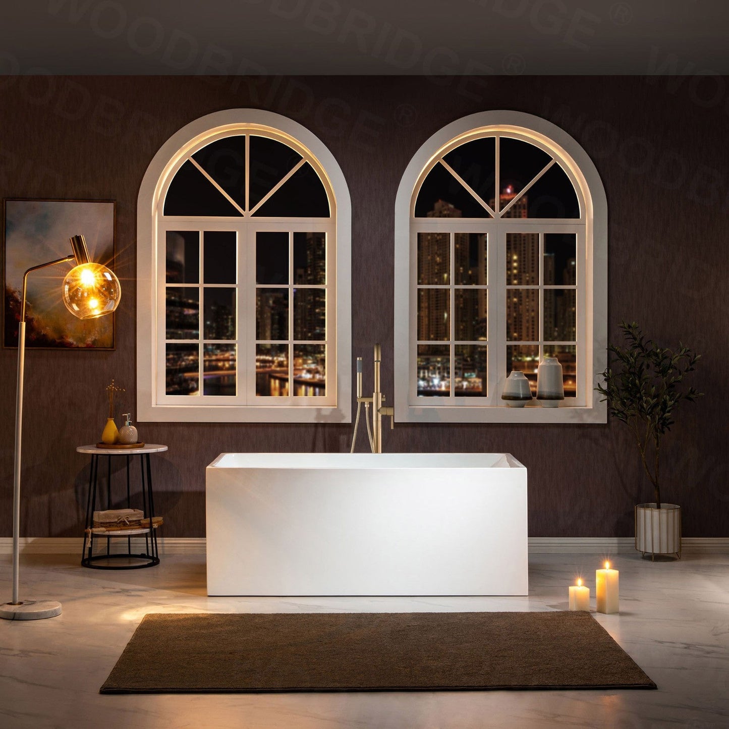 WoodBridge B-0085 59" White Acrylic Freestanding Soaking Bathtub With Brushed Gold Drain and Overflow