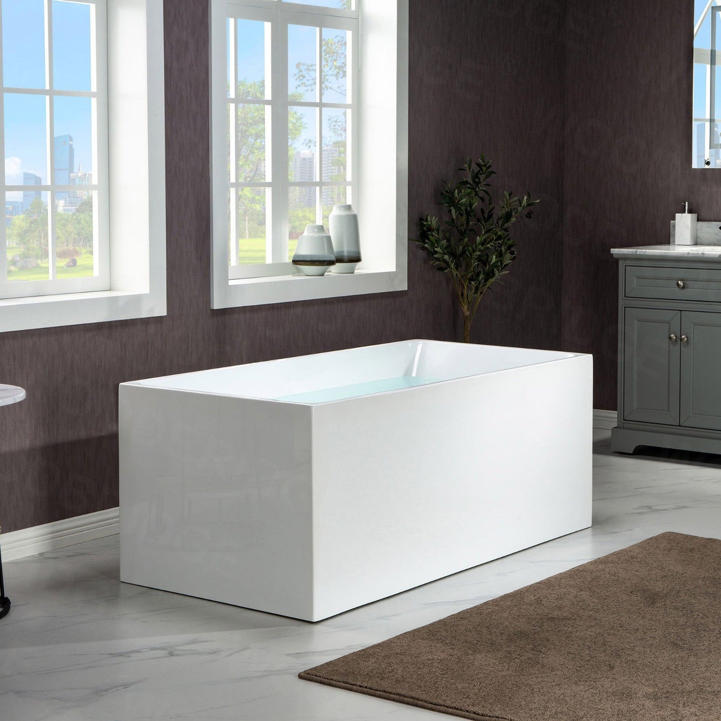 WoodBridge B-0085 59" White Acrylic Freestanding Soaking Bathtub With Brushed Gold Drain and Overflow