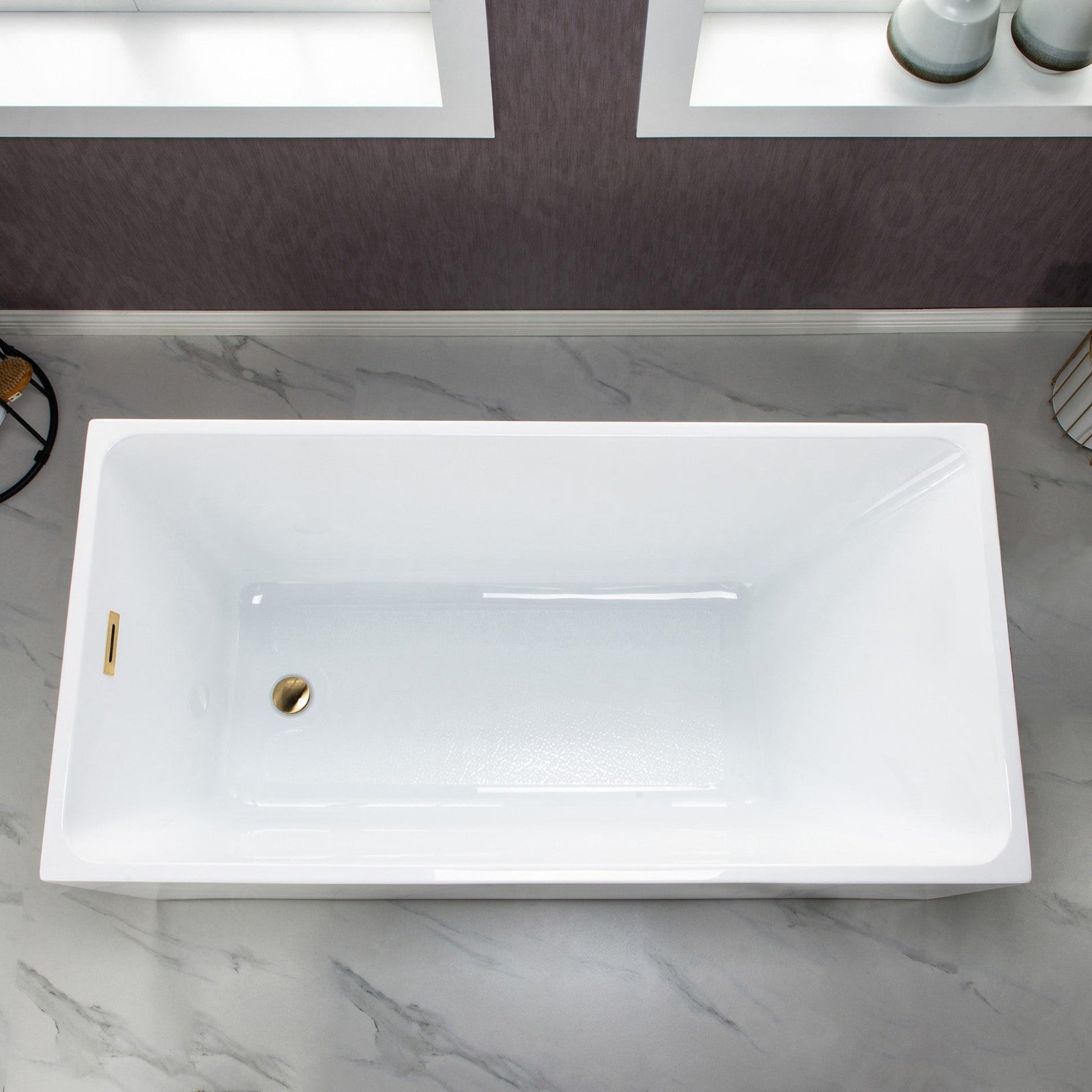 WoodBridge B-0085 59" White Acrylic Freestanding Soaking Bathtub With Brushed Gold Drain and Overflow