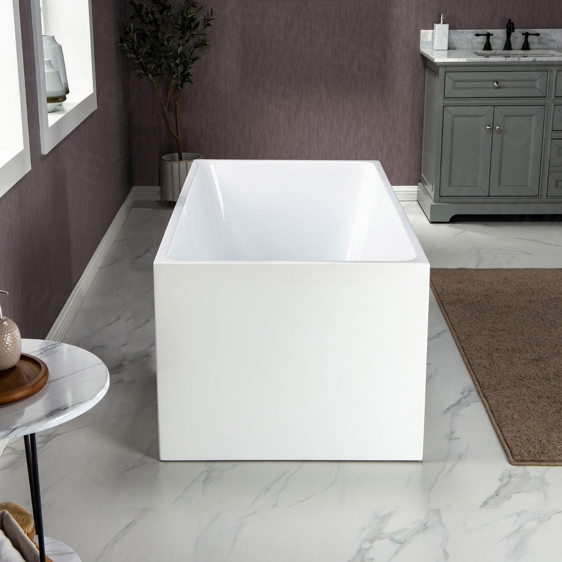 WoodBridge B-0085 59" White Acrylic Freestanding Soaking Bathtub With Brushed Gold Drain and Overflow