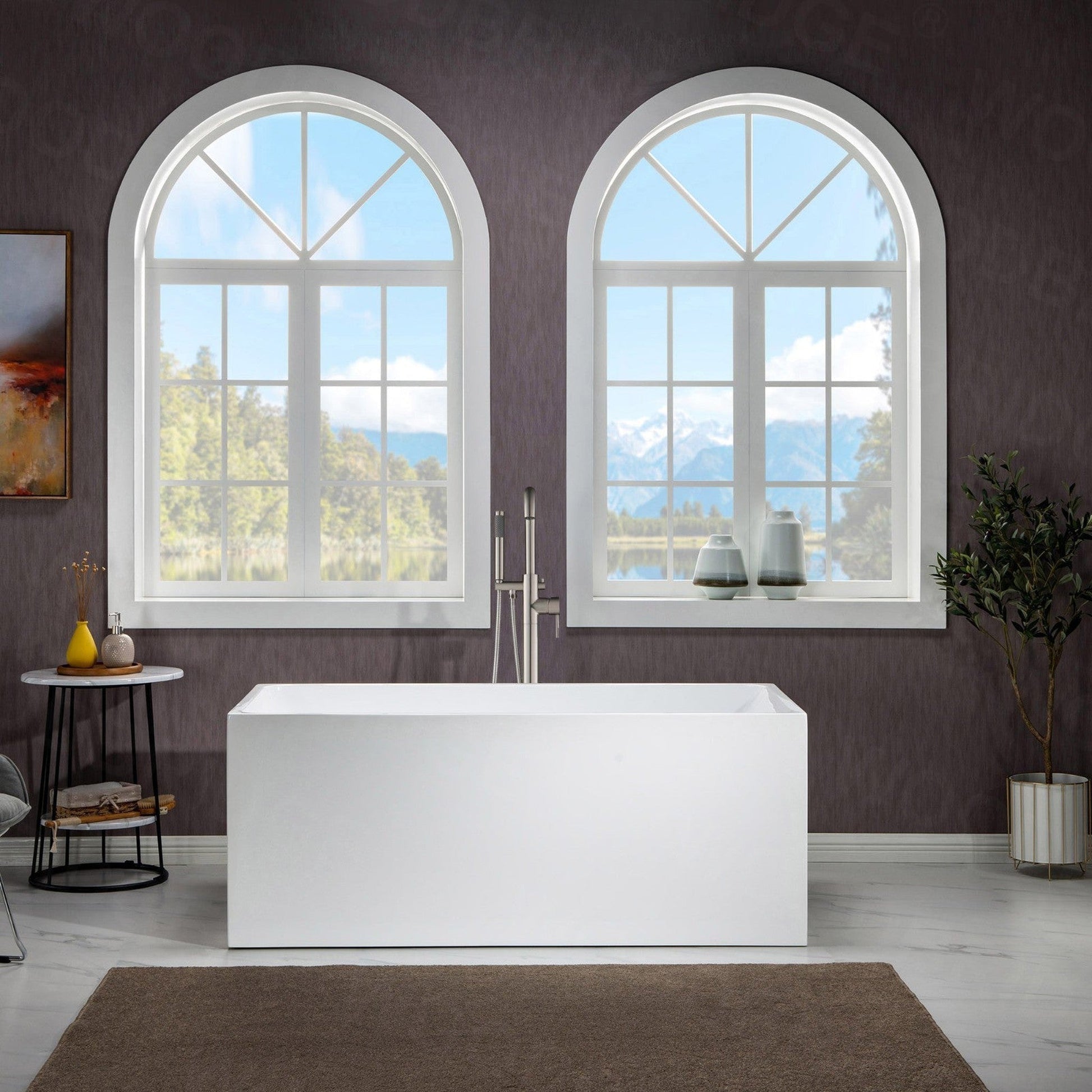 WoodBridge B-0085 59" White Acrylic Freestanding Soaking Bathtub With Brushed Nickel Drain, Overflow, F0070BNVT Tub Filler and Caddy Tray