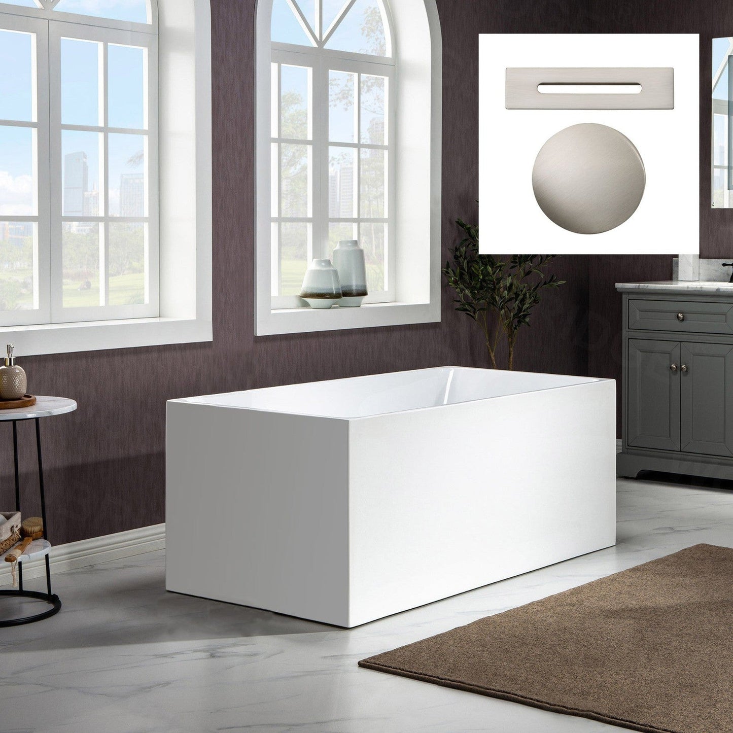 WoodBridge B-0085 59" White Acrylic Freestanding Soaking Bathtub With Brushed Nickel Drain, Overflow, F0070BNVT Tub Filler and Caddy Tray