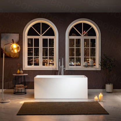 WoodBridge B-0085 59" White Acrylic Freestanding Soaking Bathtub With Brushed Nickel Drain and Overflow