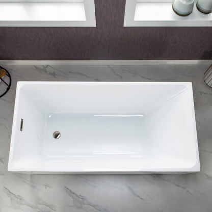 WoodBridge B-0085 59" White Acrylic Freestanding Soaking Bathtub With Brushed Nickel Drain and Overflow