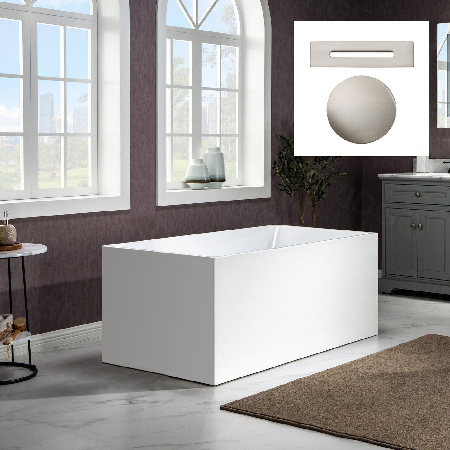 WoodBridge B-0085 59" White Acrylic Freestanding Soaking Bathtub With Brushed Nickel Drain and Overflow