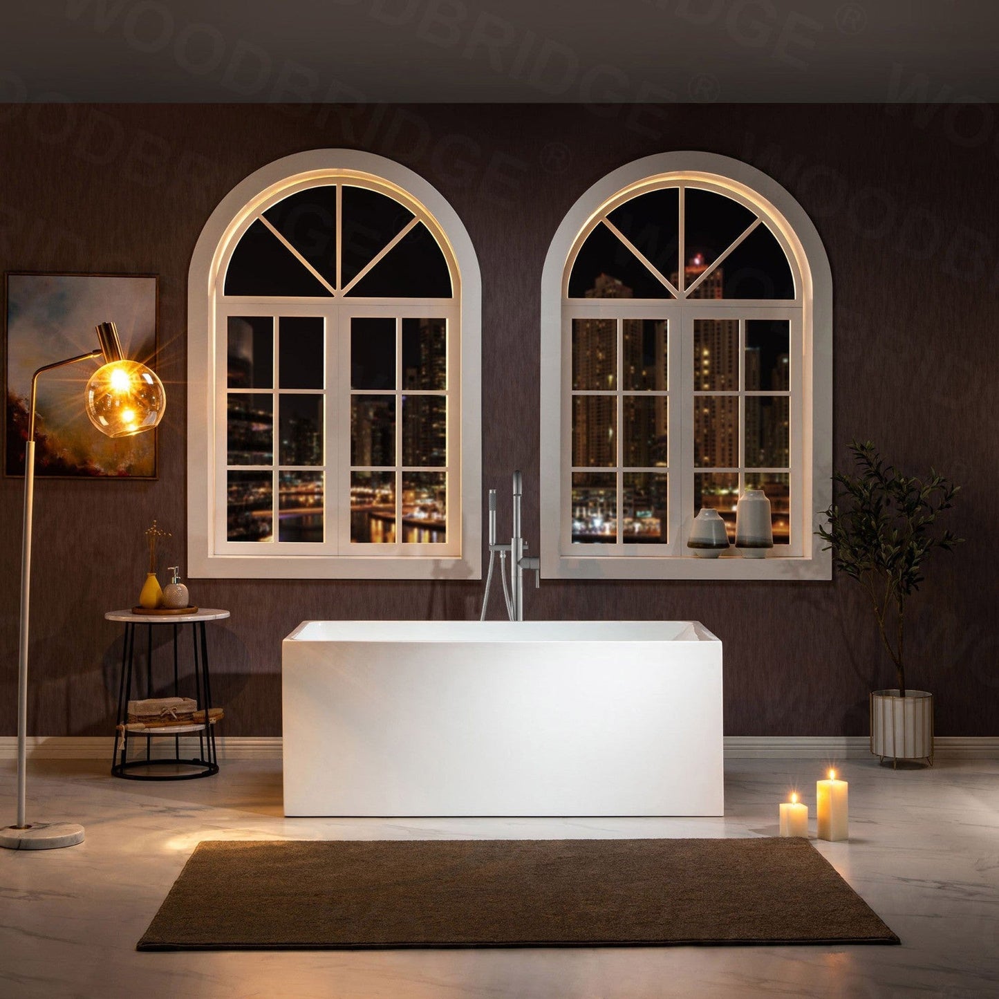 WoodBridge B-0085 59" White Acrylic Freestanding Soaking Bathtub With Chrome Drain, Overflow, F0071CHVT Tub Filler and Caddy Tray