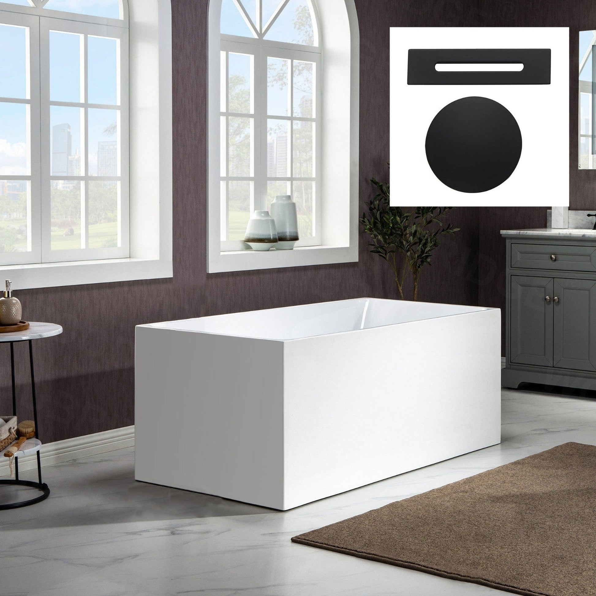 WoodBridge B-0085 59" White Acrylic Freestanding Soaking Bathtub With Matte Black Drain, Overflow, F0072MBVT Tub Filler and Caddy Tray